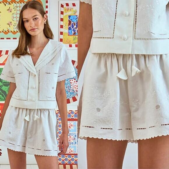 NWT Hunter Embroidery Bell Fern Floral Belt-Loops Self Belt Short White Size: 8 - Picture 1 of 8